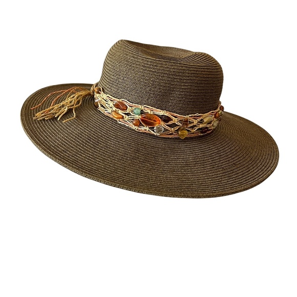 SUN N SAND HAT BEADED STRAW WIDE BRIM UPF SUN PROTECTION DECORATIVE BEACHY BOHO - Picture 1 of 12